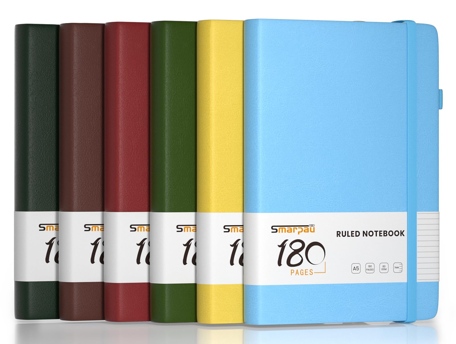 Smarpau 6 Pack A5 Notebooks - Hardcover Leather Lined Journals with 100gsm Thick Paper, 180 Pages College Ruled Journal Notebook for Men Writing School Office, 14.5 x 21 cm - Classic Colours
