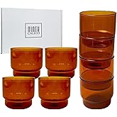 Ninth Calico Stackable 4-Piece Glass Set – Colored Drinking Cups, Lead-Free and Cadmium Free Glass (Amber, Short)