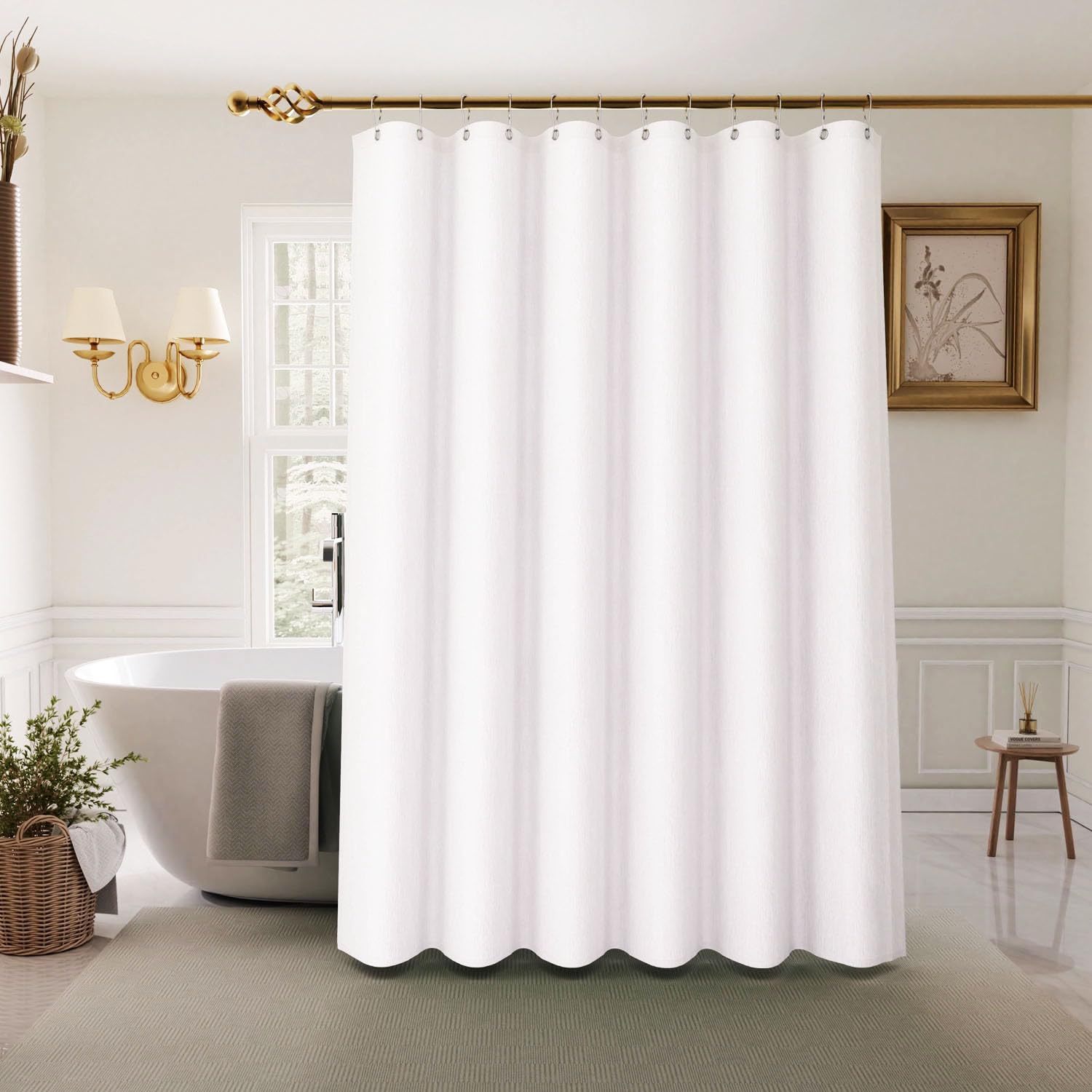 Photo 1 of ****DIRTY**** Inhousolu Boho Farmhouse Shower Curtain with Fabric Liner Set, Faux Linen Textured, 14 Metal Hooks Luxury Weighted Hem, Washable Wrinkle Free Bath Curtain for Hotel Bathroom 72" W x 72" L White