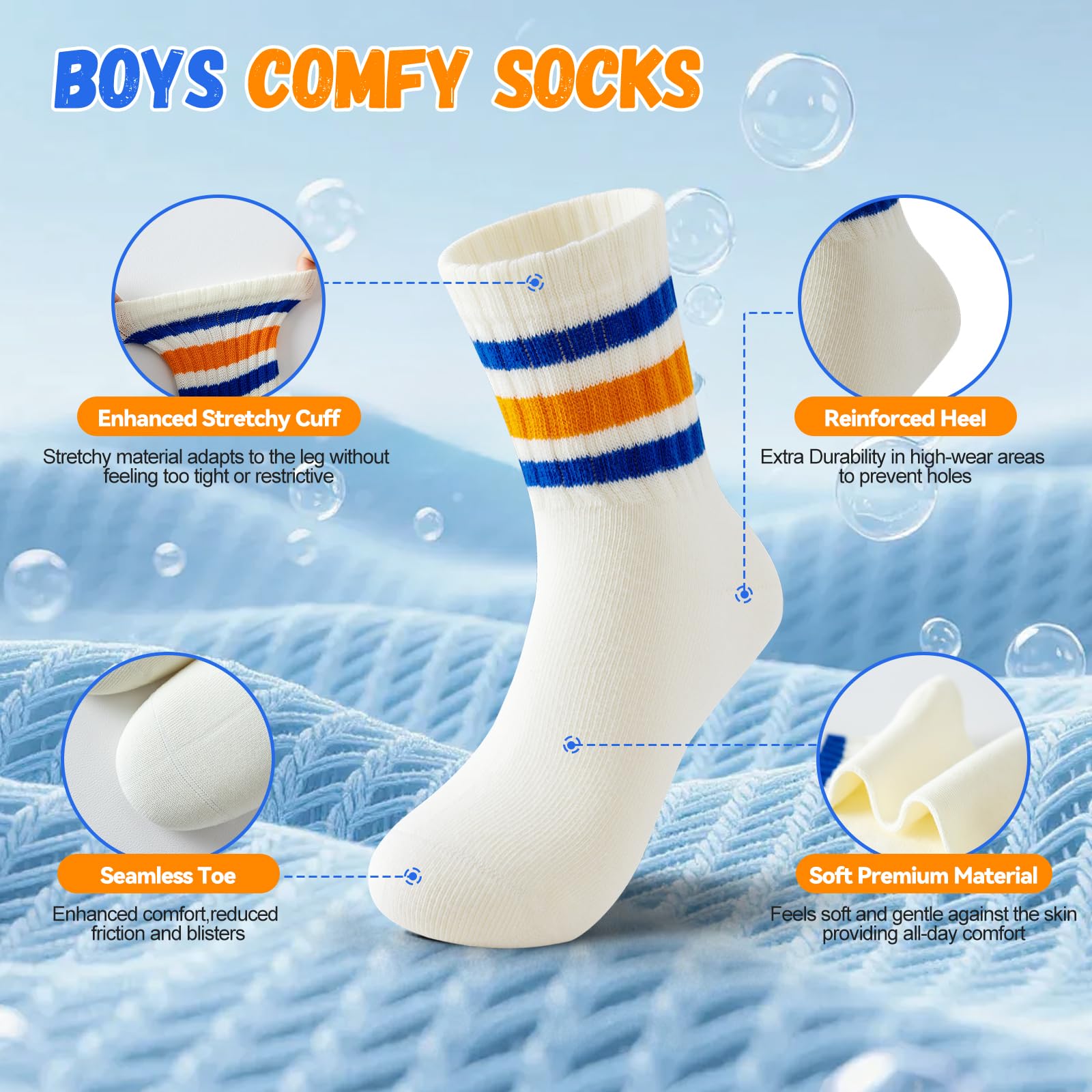 BISOUSOX Kinder Jungen Socken Ohne Naht Baumwolle Tennissocken Sportsocken für Fußball Laufen Mädchen Schulkind Socken 6 Paar Kindergeschenk 4