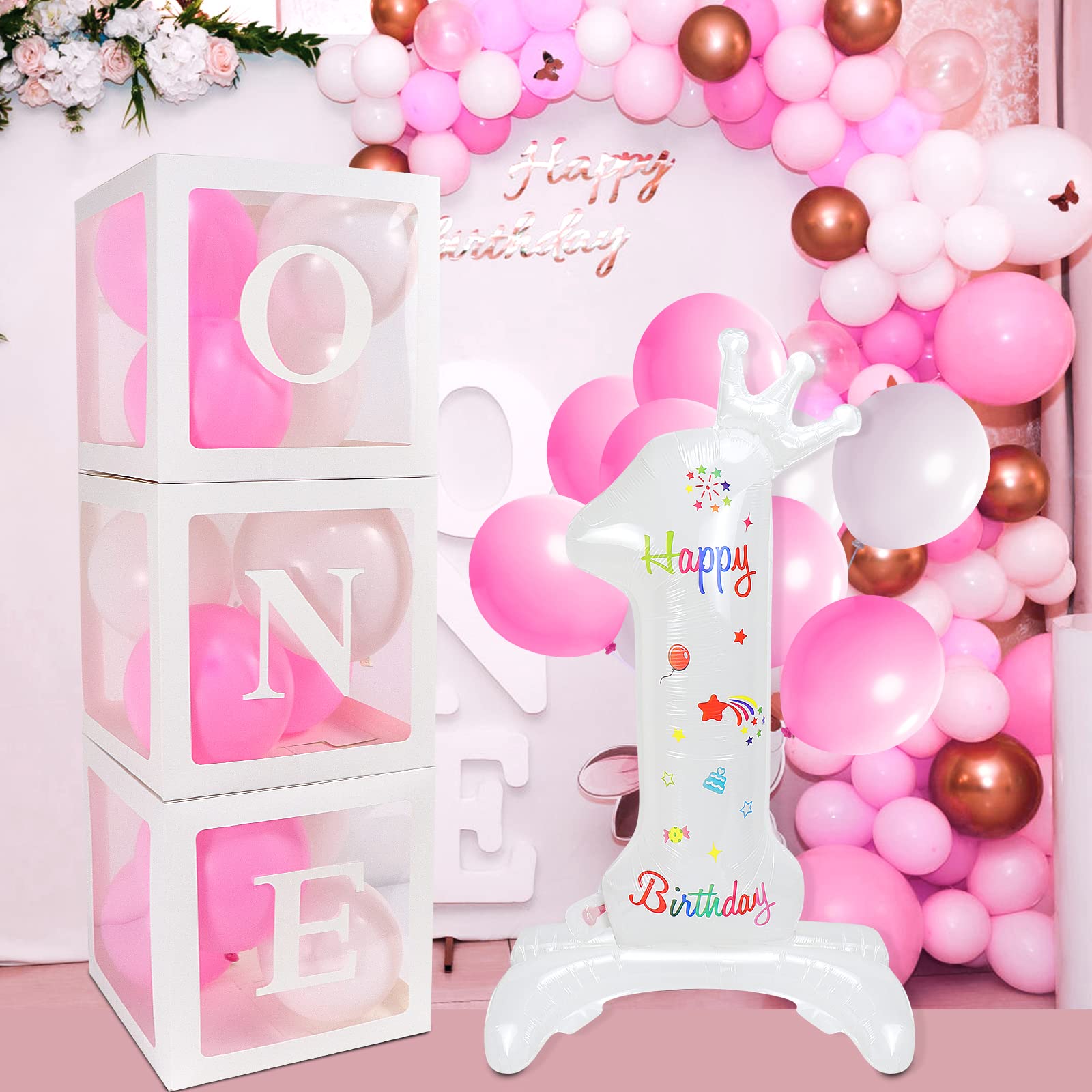 SelfTek 1st Birthday Decorations for, 3 Pcs Transparent Balloon Boxes with ONE Letters, 32 Inch Number 1 and 24 Pink White Balloons, Balloon Blocks for One Year Old Birthday Party