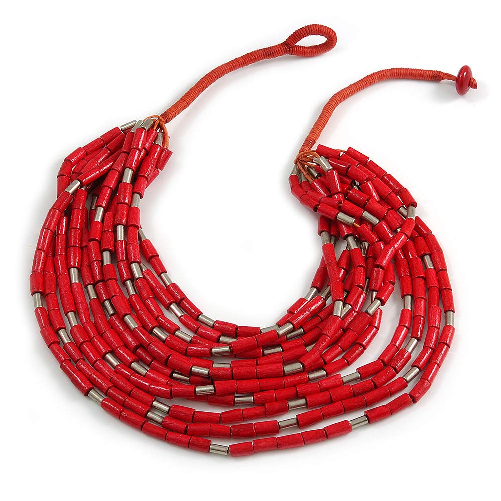 Avalaya Statement Multistrand Wood Bead Cotton Cord Bib Style Necklace In Red - 64cm Long
