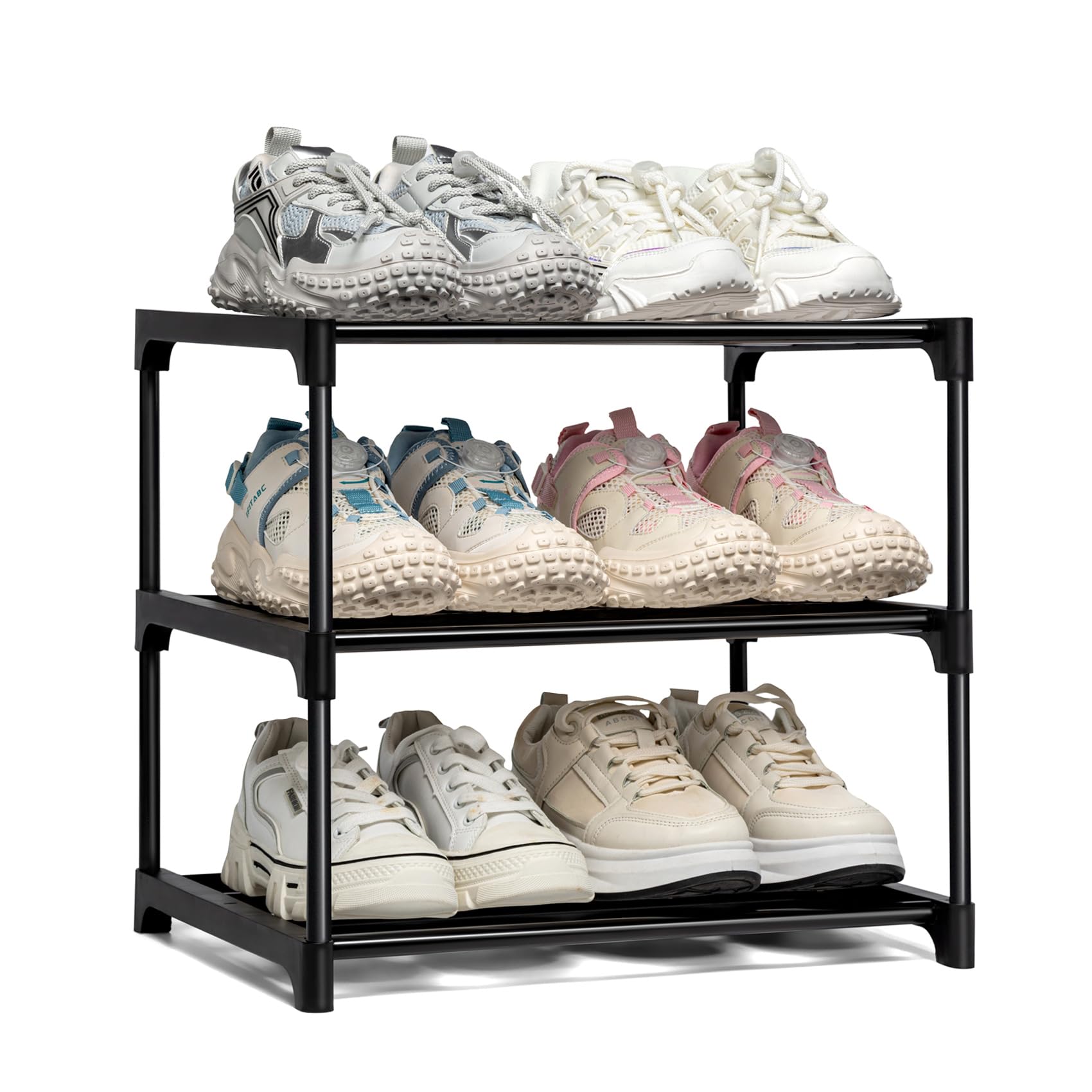 OLYREO 3 Tier Shoe Rack, Shoe Rack Small, Shoe Racks Storage, Black Shoe Organiser for Hallway, Entryway, Bedroom, Quick Assembly No Tools Required