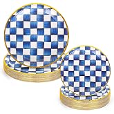 JarThenaAMCS 48Pcs Blue White Plaid Tableware Set Royal Blue Checkered Paper Plates 7 &amp; 9 Inch Gold Foil Border Disposable Plates for Wedding Birthday Holiday Party Supplies