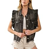 ChiyeeKiss Women's Distressed Ruffled Sleeveless Denim Vest Button Down Frayed Hem Jean Jacket Turn Down Collar Waistcoat