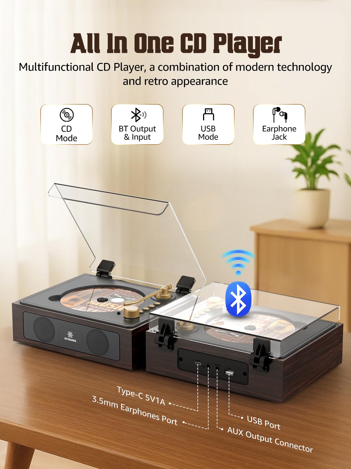 CD Player with Built-in Speakers Bluetooth Retro Portable CD Players for Home Music Player with Remote Control Headphone Jack Walnut Brown