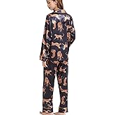 Belle Heure Women’s Silk Satin Classic Long Sleeve Pajamas Button Down Silky 2 Pcs Pattern Set Loungewear Sleepwear