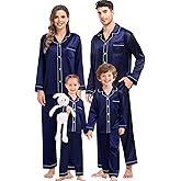 SWOMOG Family Matching Pajama Satin Pajamas Long Sleeve Sleepwear Button Down Loungewear 2 Pcs Pj Set