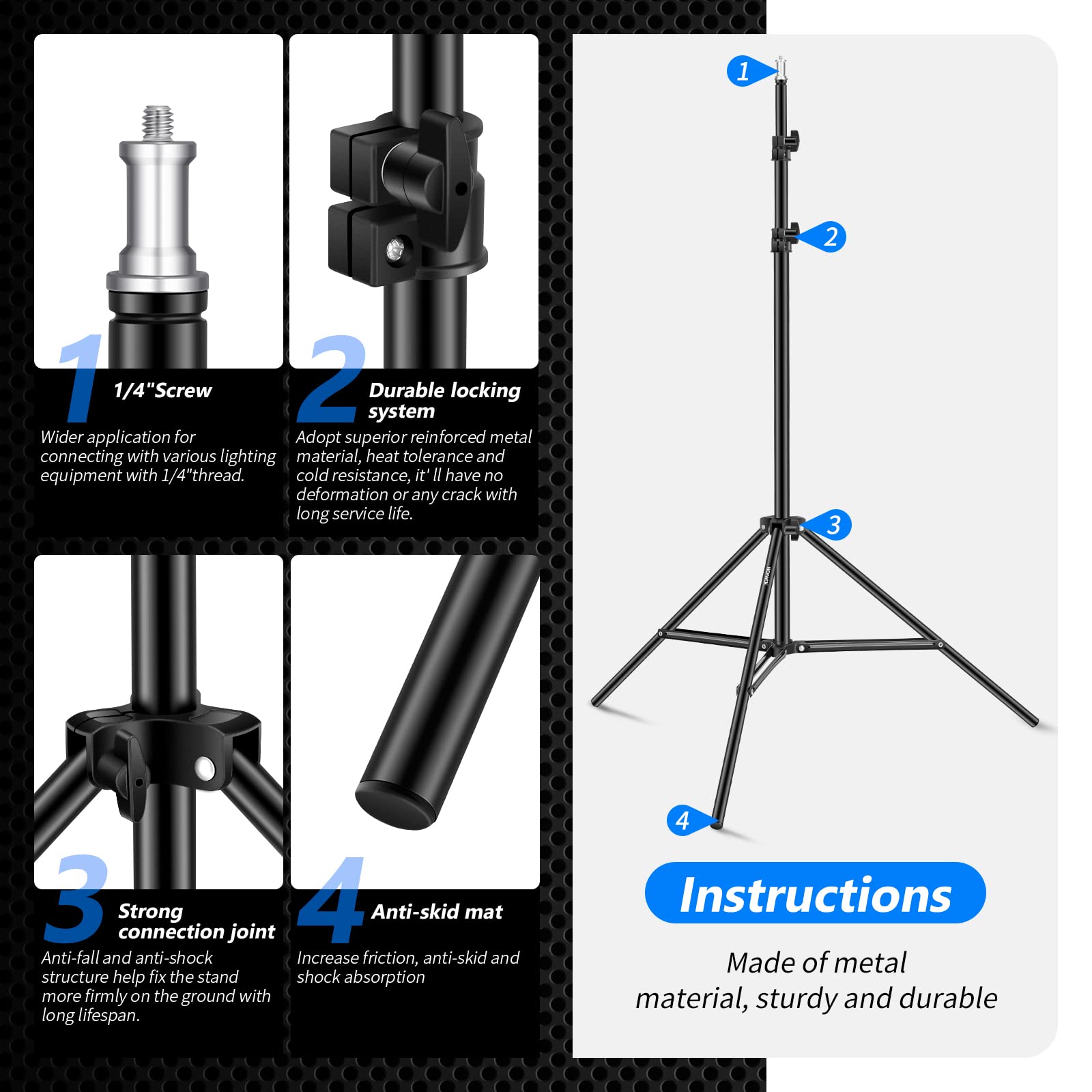 Neewer Collapsible Metal Photography Light Stand with Inner Spring Cushion, 1/4