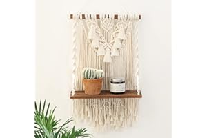 ANROYE Single Tier Macrame Boho Wall Hanging Shelf, Handmade Bohemian Wooden Woven Plants Floating Shelves Decor, Mini Chic Organizer for Bathroom Bedroom Western Home Nursery Storage Gift