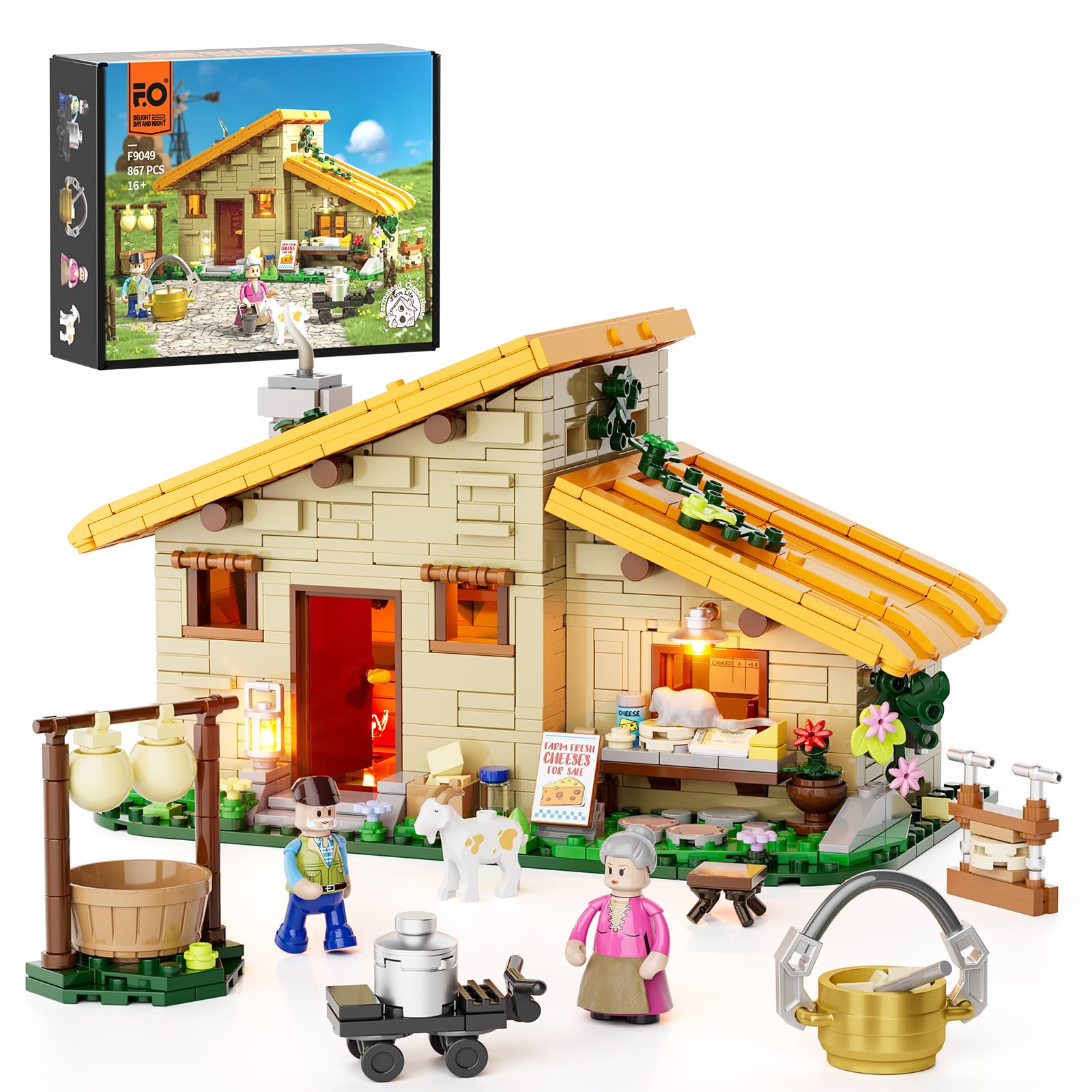 Photo 1 of FUNWHOLE Farm Cheese-House Lighting Building-Bricks-Set - Home Cheese Collection LED Light Building Animals Construction Set 867 Pcs for Adults and Teen
