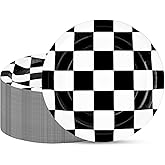 Aemygo 100 Pack Race Car Paper Plates, 9" Black and White Checkered Flag Paper Plate Disposable Round Dessert Dinner Plates for Racing Car Party, Race Fans Kids Birthday Tableware