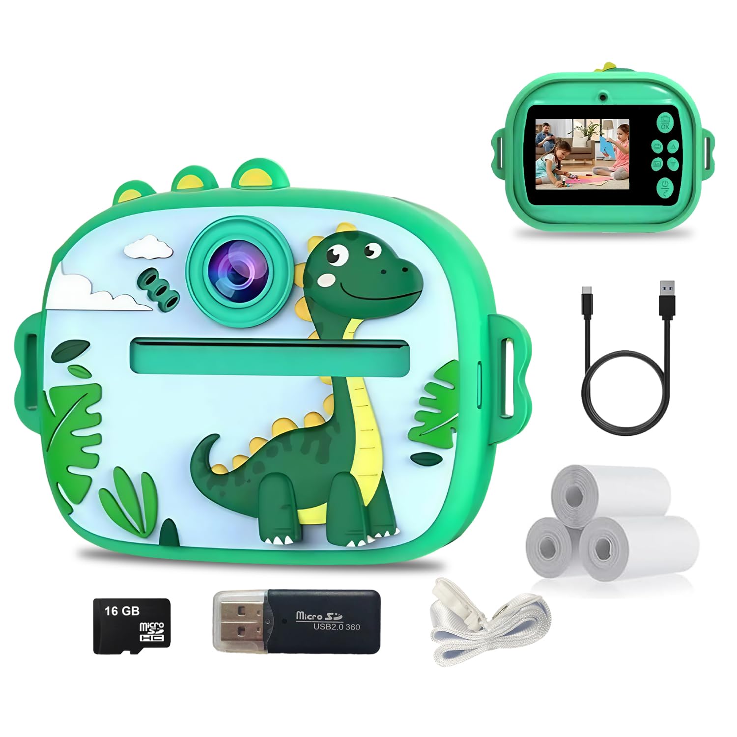HTT GLOBAL Kids Camera Instant Print with 32GB Card & 3 Rolls Photo Paper, 1080P Video Children Cameras, Camera for kids Birthday Gifts Childrens Selfie Toys for Boys & Girls Age 3-12, Green — image 1