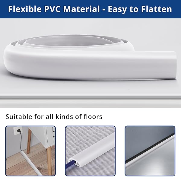 CORD COVER FLOOR 6FT WHITE, PVC FLOOR CABLE COVER, CORD HIDER FLOOR CORD PROTECTOR PREVENT CABLE TRIPS & PROTECT WIRES, FLOOR CABLE MANAGEMENT HIDE CORDS ON FLOOR, CORD CAVITY -W0.47 X H0.28