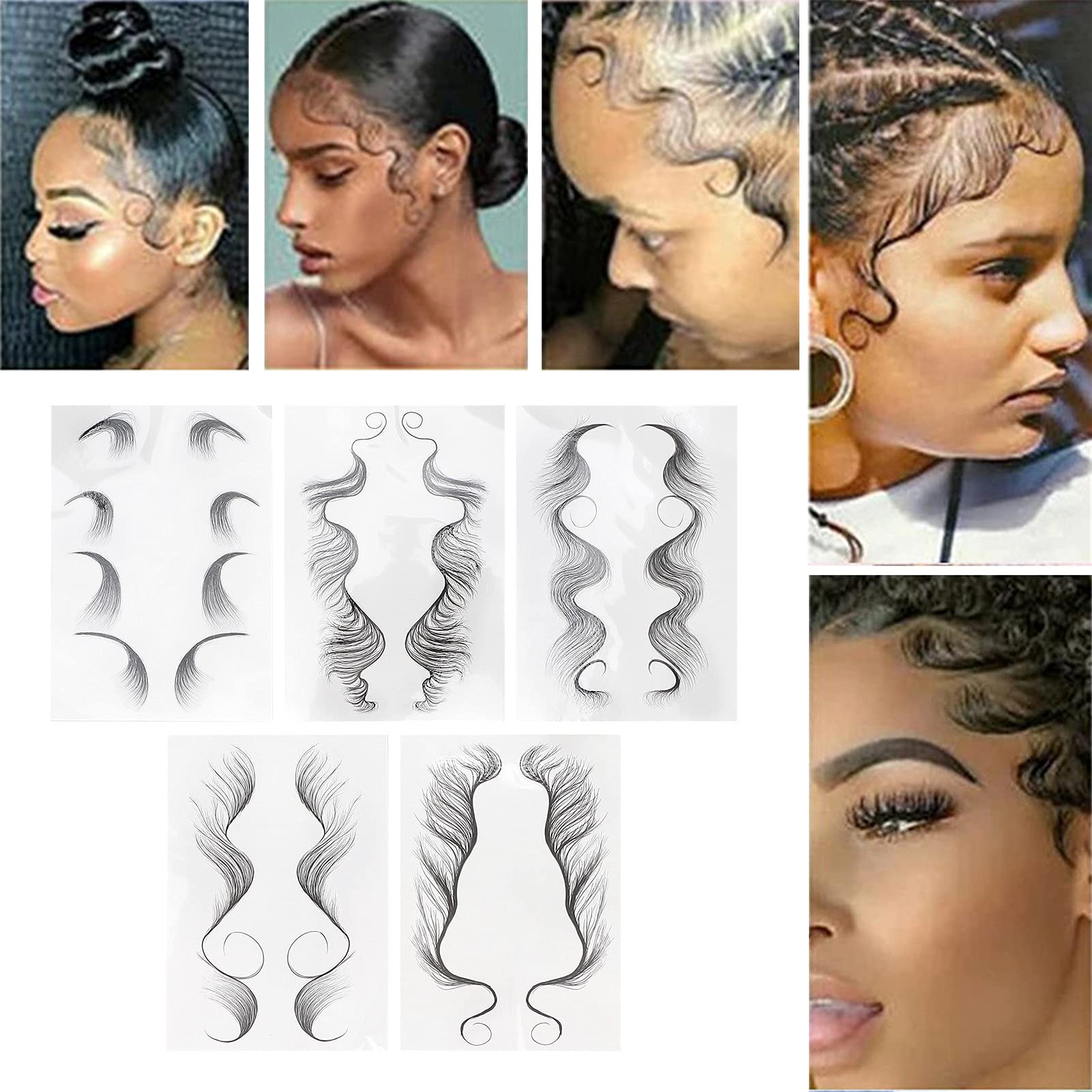 5Pcs Baby Hair Temporary Tattoo Stickers, Baby Hair Fake Hairline Tattoo Sticker Curly Hair Makeup Stickers Hair Tattoo Edges Curly Hair Waterproof DIY Hairstyling Stickers