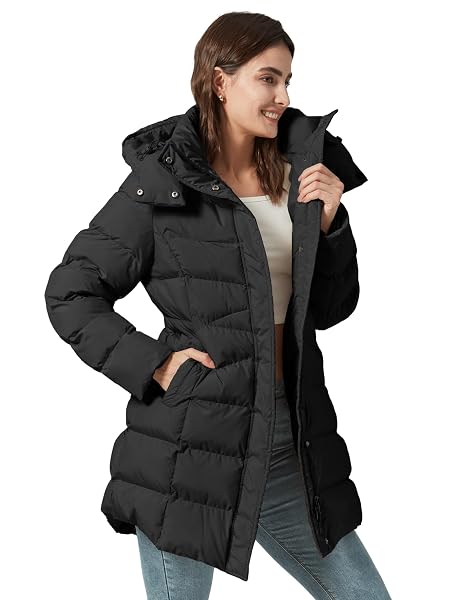 PUREPEAR WOMEN’S WINTER WARM LONG PUFFER JACKET DETACHABLE HOOD QUILTED THICKEN COATS BLACK M