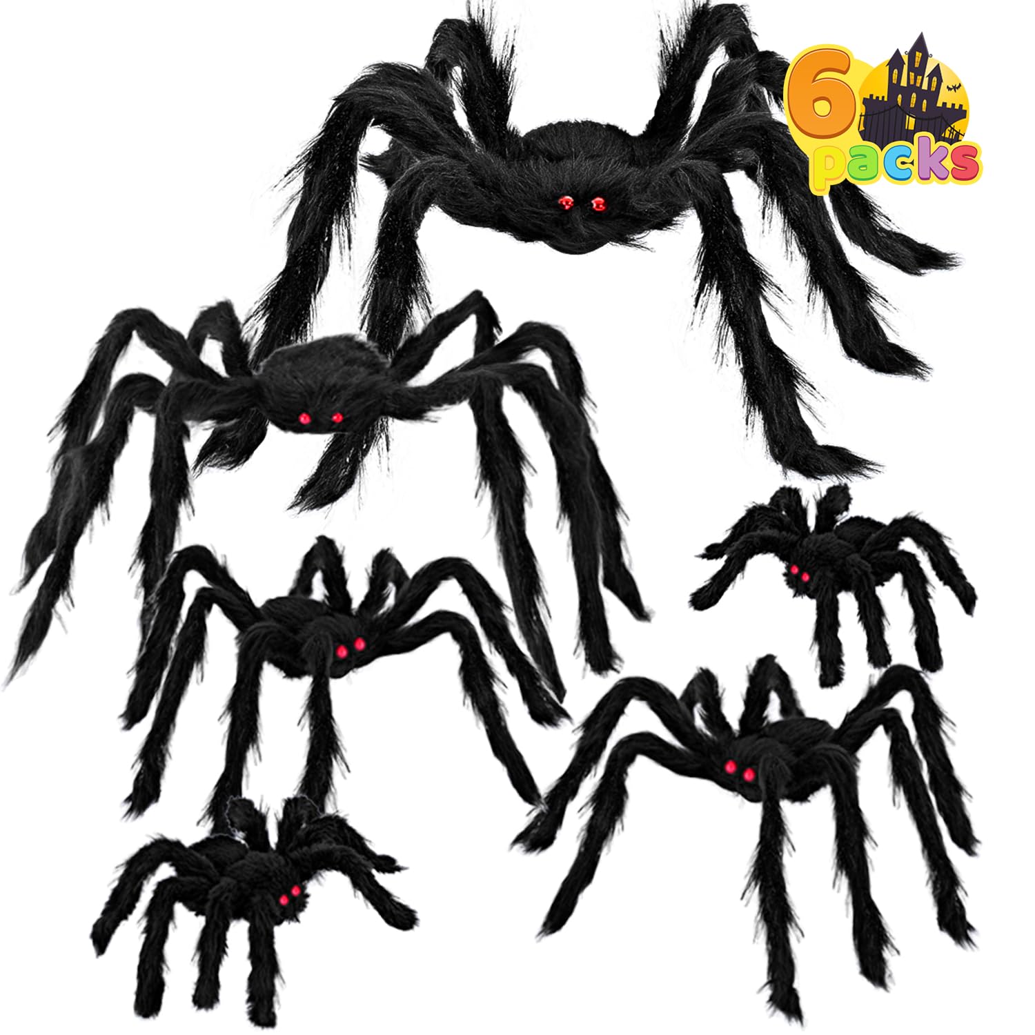 Photo 1 of JOYIN 6 Packs Halloween Outdoor Decorations Giant Spiders Set, Halloween Decor Outside, Black Hairy Large Spider with Different Size for Lawn, Yard Decor (30", 30", 20", 20", 12", 12")