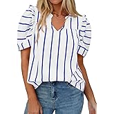 Tankaneo Womens Puff Sleeve Striped Blouses Dressy Casual V Neck Shirts Summer Trendy Loose Fit Tunic Tops