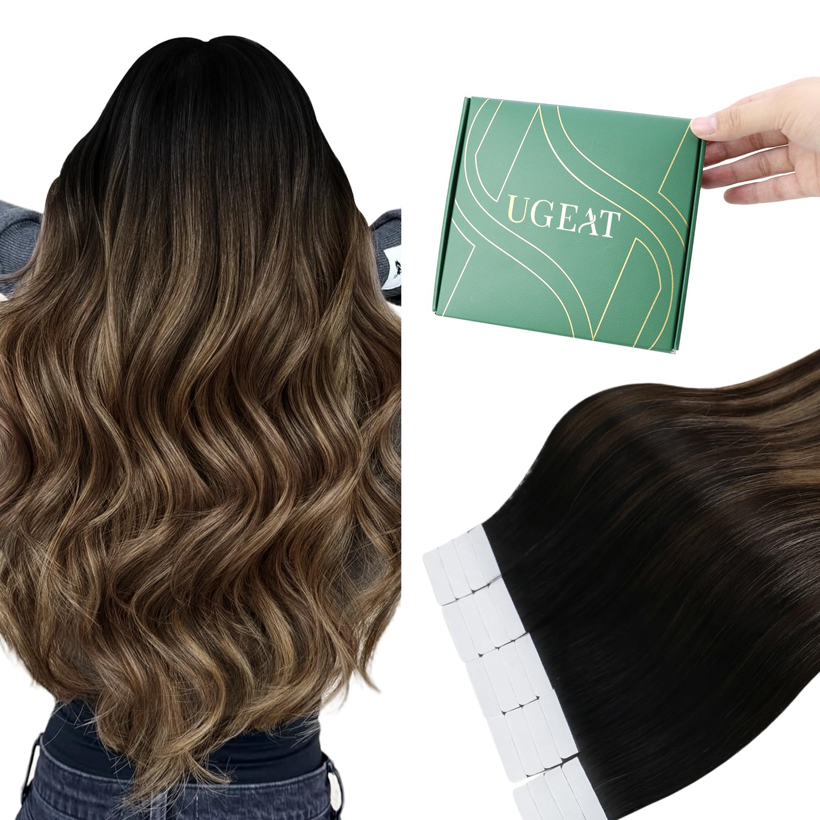 Ugeat Tape Hair Extensions Real Human Hair 20 Inch Black Ombre Brown Tape in Hair Extensions Glue in Human Hair Brown Balayage Blonde for Party 50G 20Pcs #1B/4/27