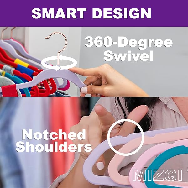 MIZGI PREMIUM VELVET HANGERS (50 PACK) HEAVY DUTY – NON SLIP FELT HANGERS – BLUSH PINK – ROSE GOLD 360 DEGREE SWIVEL HOOKS,SPACE SAVING CLOTHES,DURABLE STRONG FOR SUITS,COATS,DRESS
