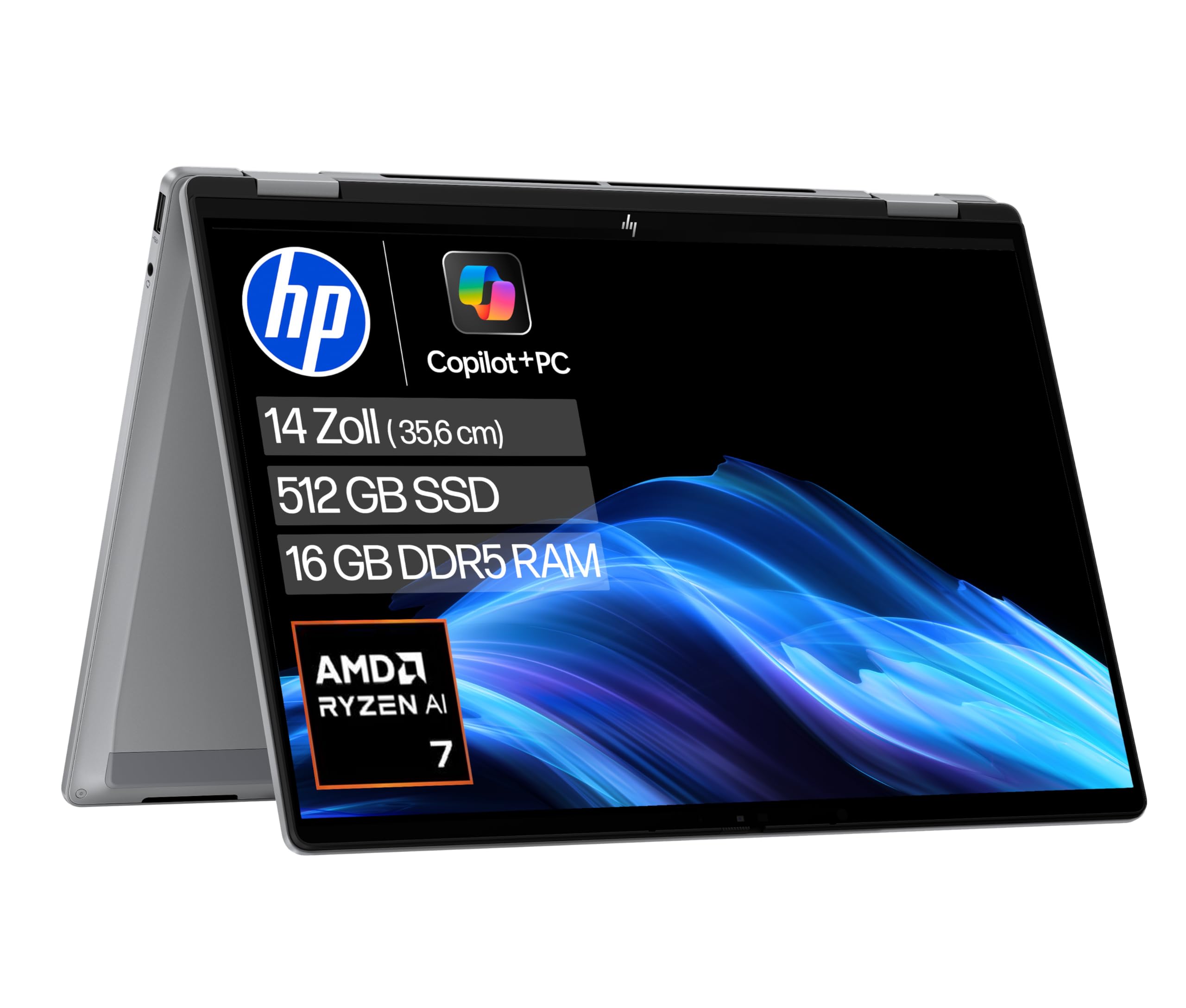 HP OmniBook X Flip 2-in-1 Laptop (14" 2K Touchscreen, AMD Ryzen AI 7, Copilot+, 16GB RAM, 512GB, Win11, QWERTZ) - Silber