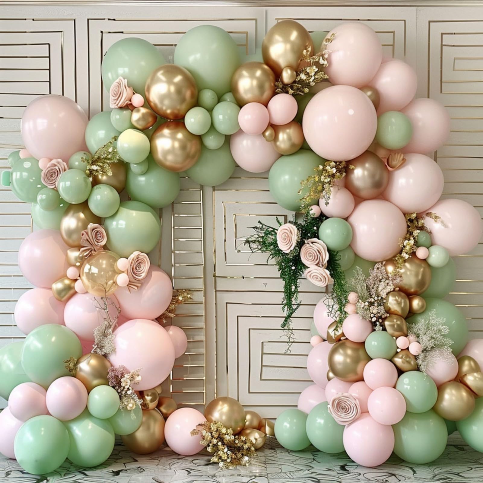 Sage Green Pink Gold Balloon Garland Arch Kit, 160Pcs Olive Green Pink and Gold Latex Balloons for Girl Baby Shower Bridal Shower Wedding Jungle Safari Woodland Birthday Party Decorations