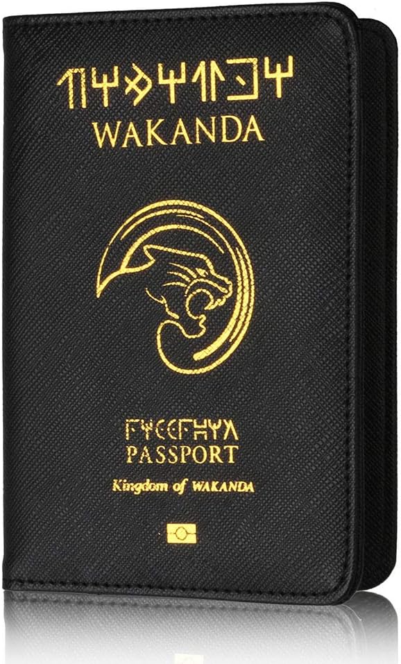 Uscyo Passport Cover - Kingdom of Wakanda Premium Leatherette Passport Holder Holder with Block for Credit Cards, ID and Travel Documents Black Panther Wakanda