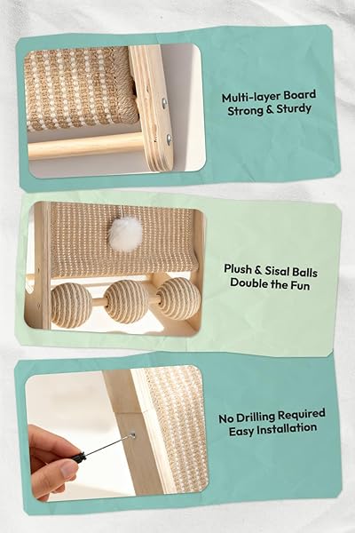 POMESEA CAT SCRATCHER FOR INDOOR CATS, L-SHAPED CAT SCRATCHING BOARD & RAMP, SOLID WOOD CAT SCRATCH PAD, WITH HANGING BALL & 3 BOTTOM PLAY BALLS, IDEAL FOR ALL CATS (WOOD GRAIN, L)