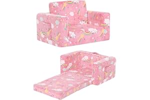 Givjoy Toddler Chair Kids Couch, 2-in-1 Comfy Armchair with Removable and Washable Cover Carrying Handle, Convertible Reading Chair Toddler Couch for Girls and Boys, Pink Rainbow