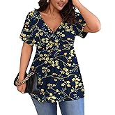 POSESHE Womens Plus Size Tops 2025 Summer Short Sleeves Tunic Tops Casual V-Neck Wrap Shirts Cute Dressy Work Blouses L-4XL