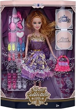 Caddle&toes Girls Barbie Doll House Set Pink with Crown, Necklace, Slippers, 8 Sets of Fashion Accessories