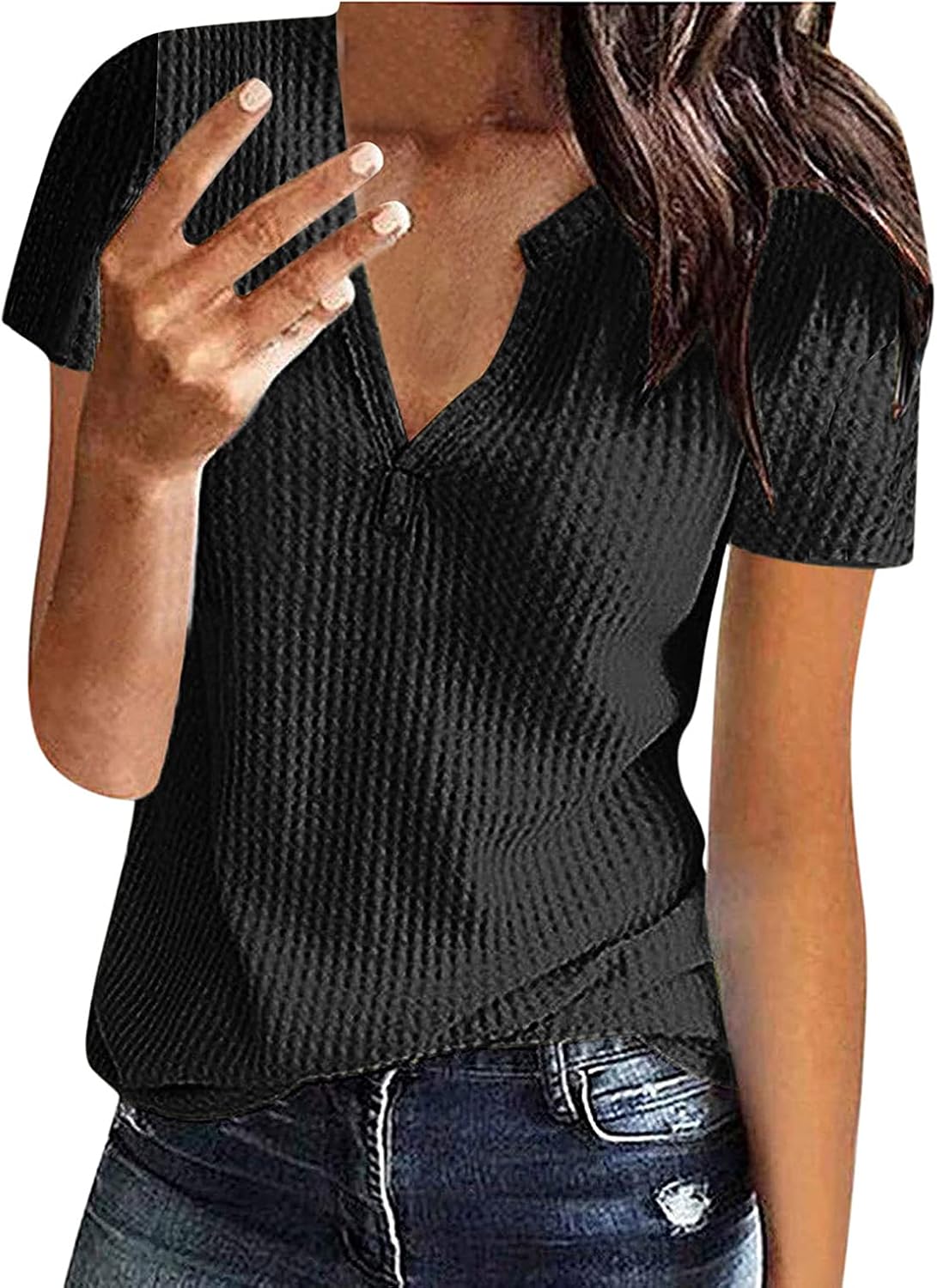 Womens Summer Shirt V Neck Waffle Knit Summer Casual Short Sleeve Loose