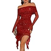 BeryLove Women's Sexy Sequin Prom Cocktail Dress Ruched Bodycon Off Shoulder Formal Party Long Sleeve Dresses
