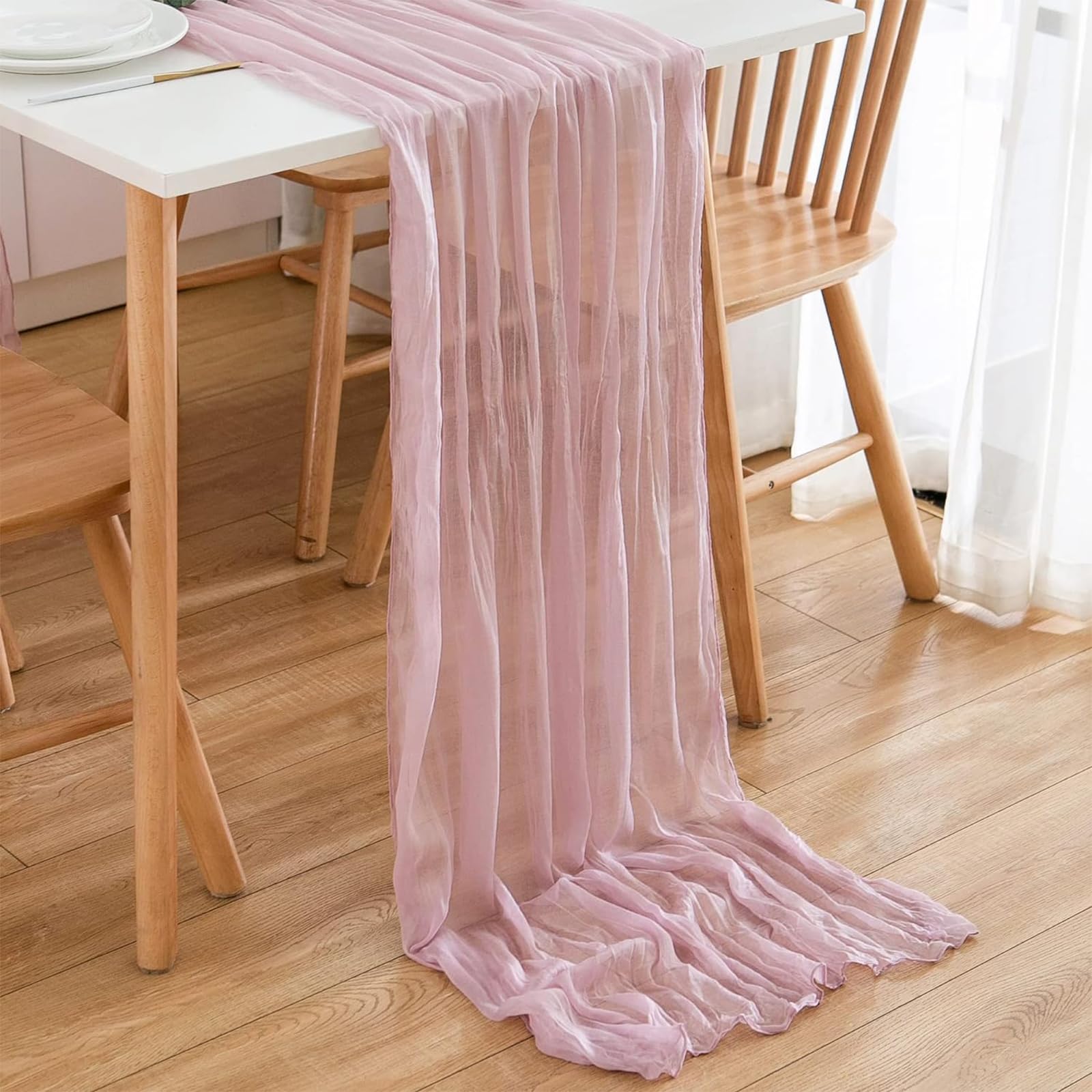 PAITOK Cheesecloth Table Runner,90 * 300 CM Boho Gauze Fabric Tablecloth Rustic Table Cover Muslin Decorative Fabric for Wedding Baby Shower Party Table Decoration(Pink) — image 1