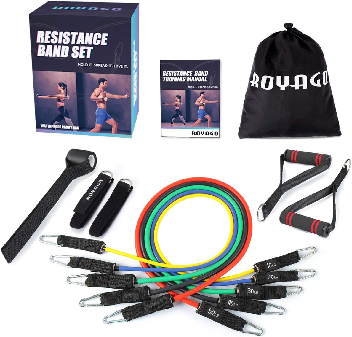 ROYAGO Resistance Bands Set Workout Bands 150LBS 11 PCS with Exercise Tube Bands,Door Anchor,Legs Ankle Straps,Waterproof Carry Bag and Exercise Guide Booklet-for Resistance Training,Physical Therapy