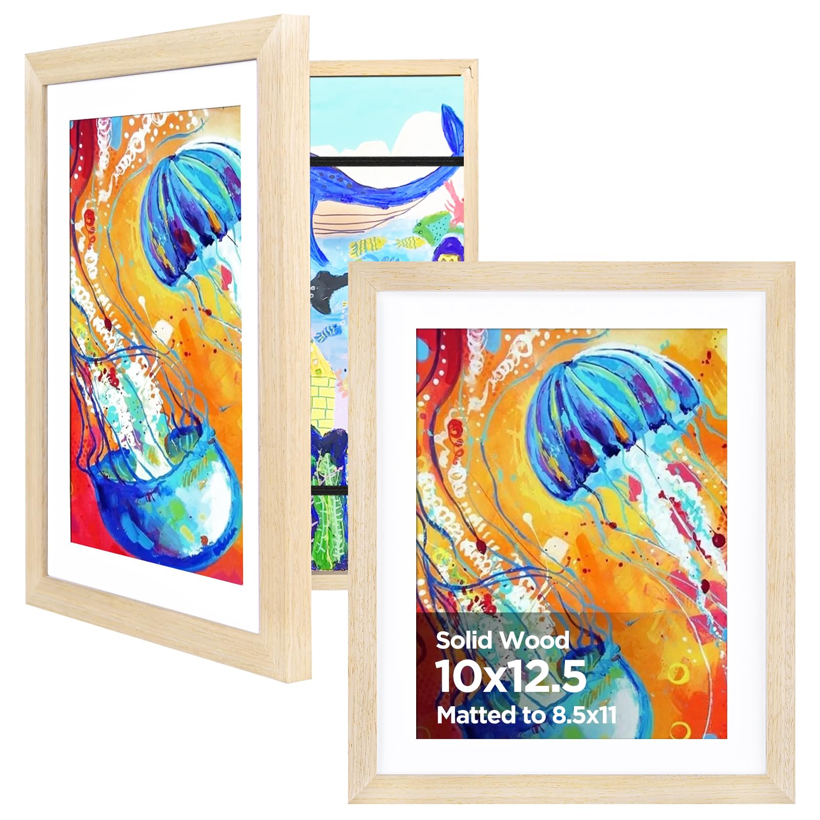 Photo 1 of KINLINK 10x12.5 Kids Art Frames Set of 2, Solid Wood Kids Artwork Frames Changeable with Acrylic Front Opening Holds 150 Pictures, Art Frame for Kids Artwork with Mat or without Mat, Natural