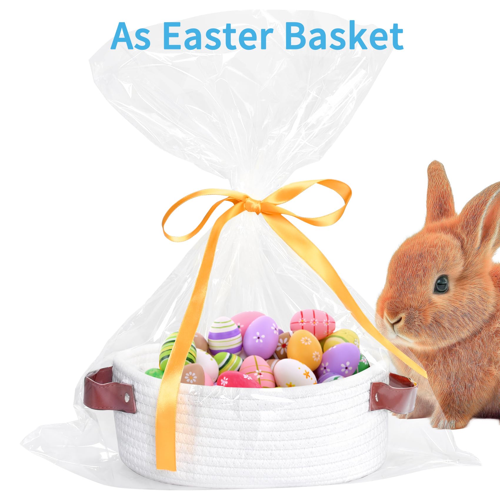 ABenkle Small Woven Basket, Mini Cotton Rope Storage Tiny Shelf Oval Decorative Toy Dog Cat Bin for Nursery, Empty Gift Basket with Gift Bags and Ribbon, Baskets for Mother's Day Gifts - White