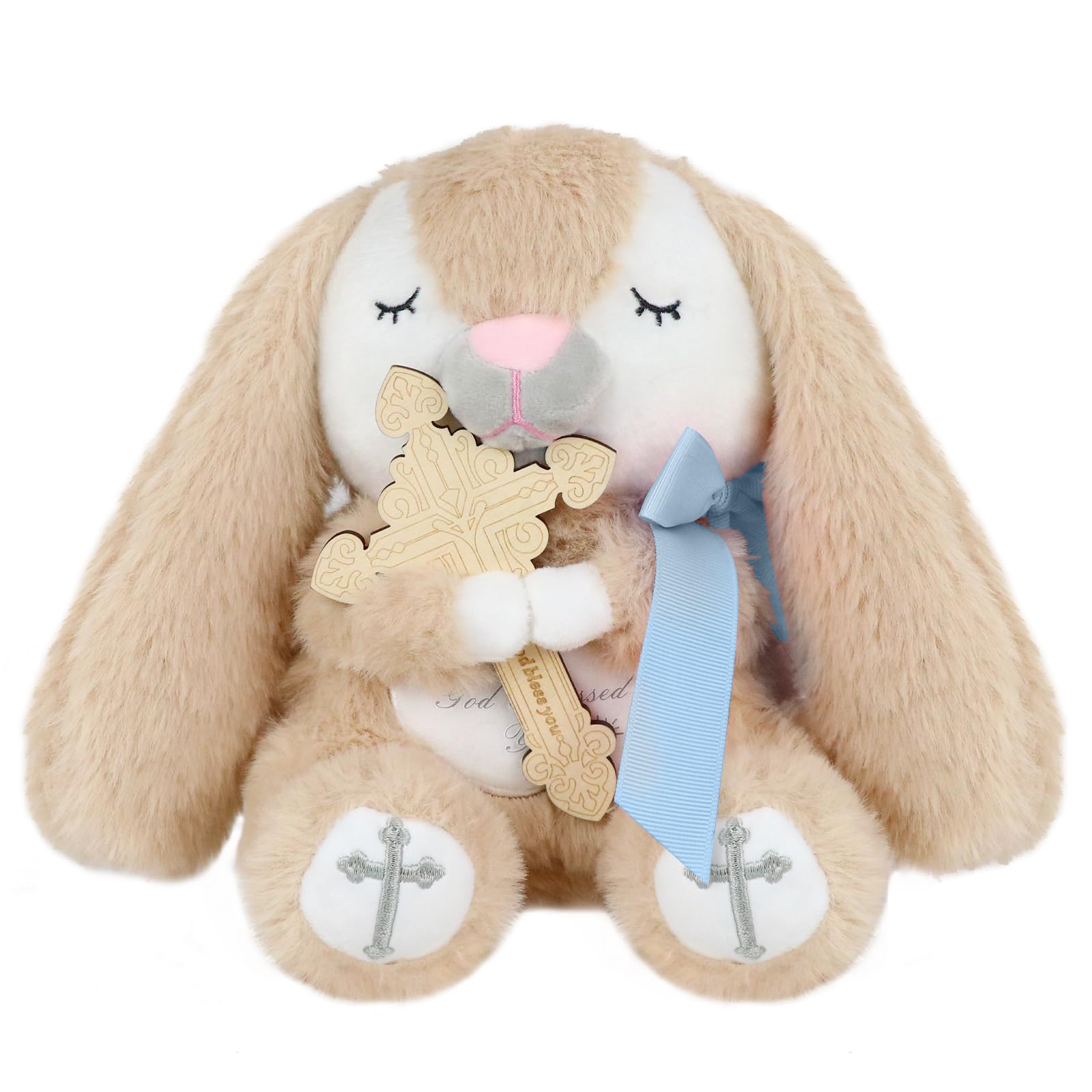 Malihome Prayer Bunny Christening Gift Baptism Bunny Stuffed Animal with Wooden Praying Cross Church Plush Toy for Newborn Baby, Boys and Girls Enduring Comfort 8.5 inches (Blue)