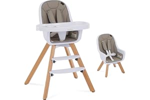 EVOLUR évolur Zoodle 3-in-1 High Chair in Light Grey | Convertible Wooden Baby Feeding Chair with Dishwasher Safe Removable Tray, Adjustable Footrest, Padded Cushion, 5-Point Harness for Infants & Toddlers