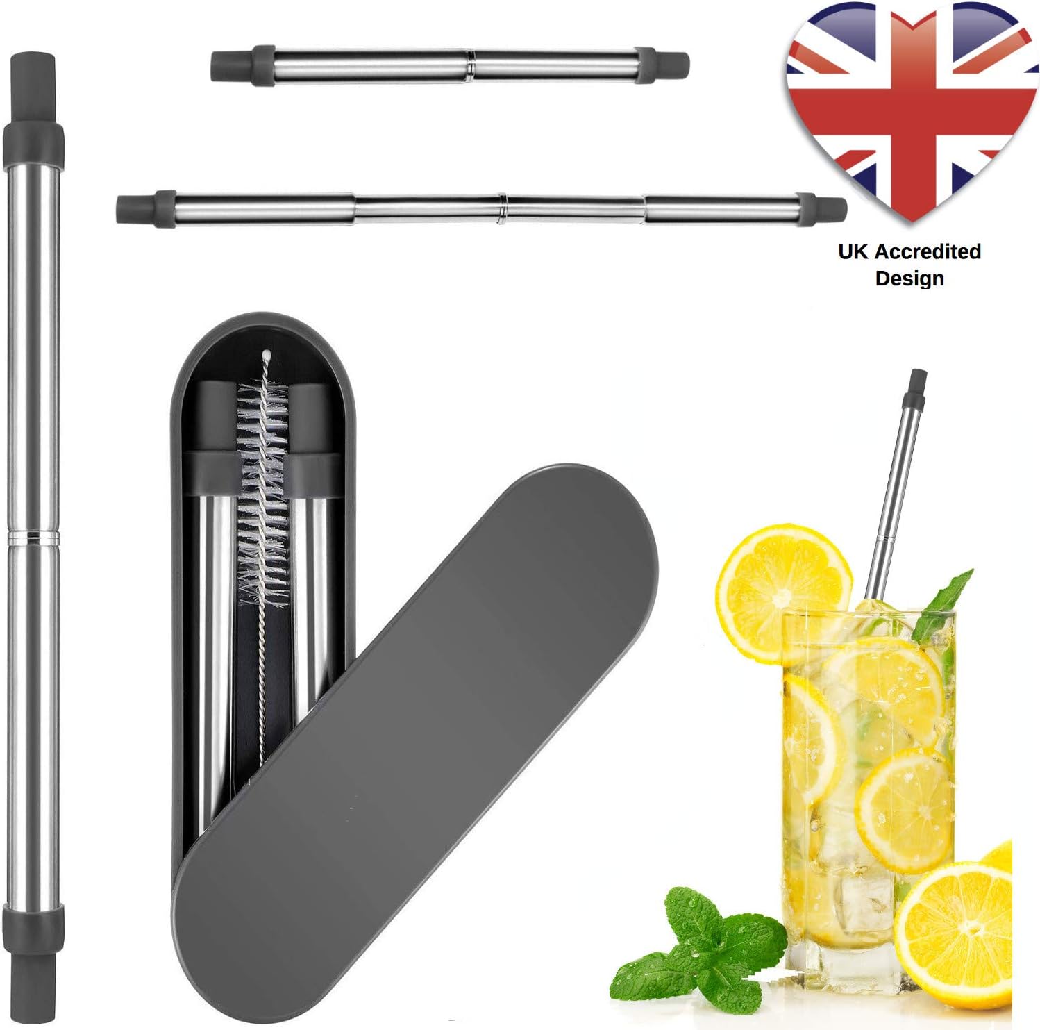 SOUL PROJEKT Reusable Metal Straws Stainless Steel Foldable (Grey) – Telescopic 13cm/23cm Metal Drinking Straw with Cleaning Brush & Case – Perfect for Cocktails