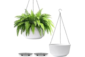 T4U 10 Inch Hanging Planters for Indoor Plants, 2 Pack White Self Watering Hanging Plant Pot, Hanging Pots Set with Drainage Hole & Plug & Chain with 3 Hooks for Garden Home Decor