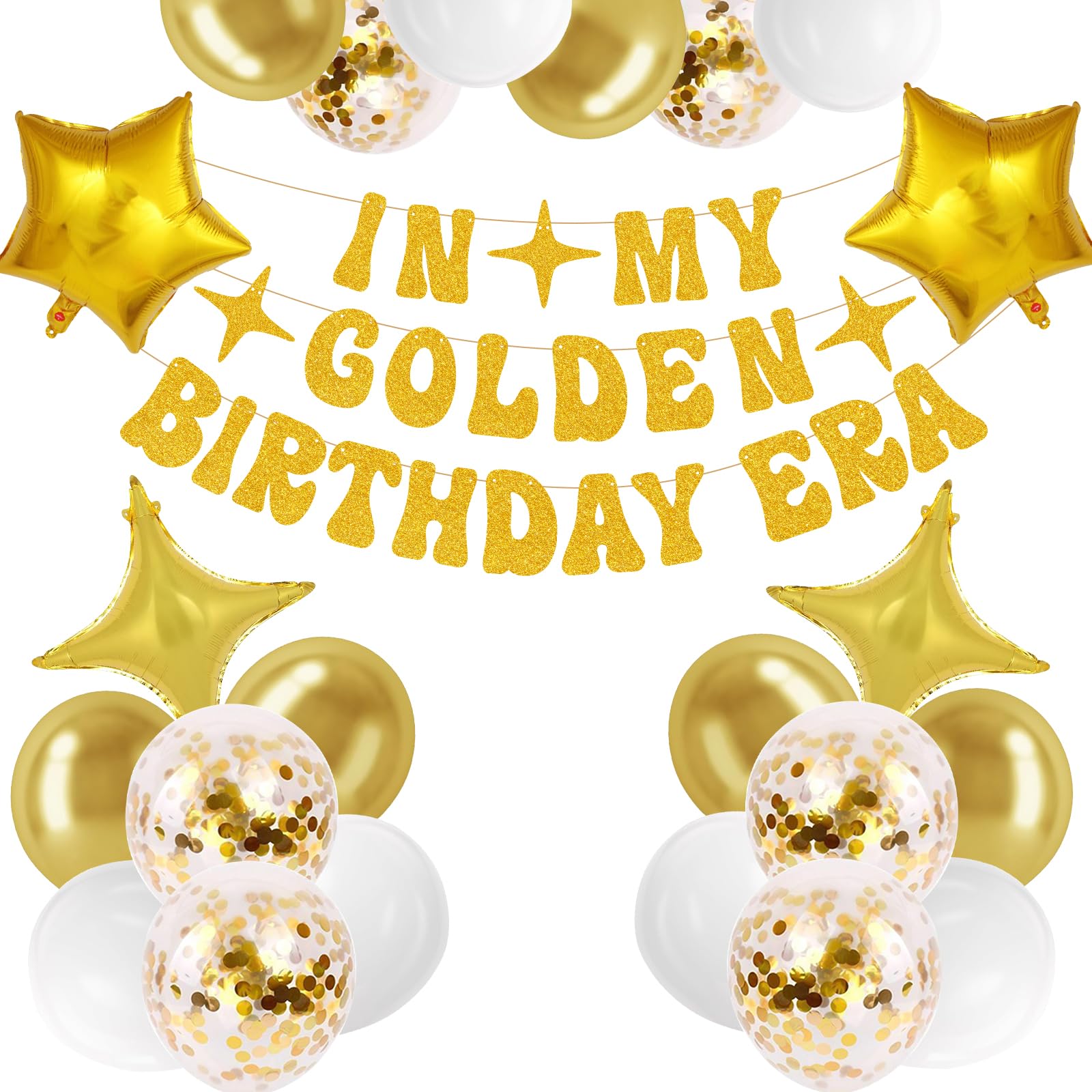 Photo 1 of Golden Birthday Party Decorations Includes In My Golden Birthday Era Banner,12-inch latex Balloons,Gold Star Foil Balloons,Gold Birthday Decorations