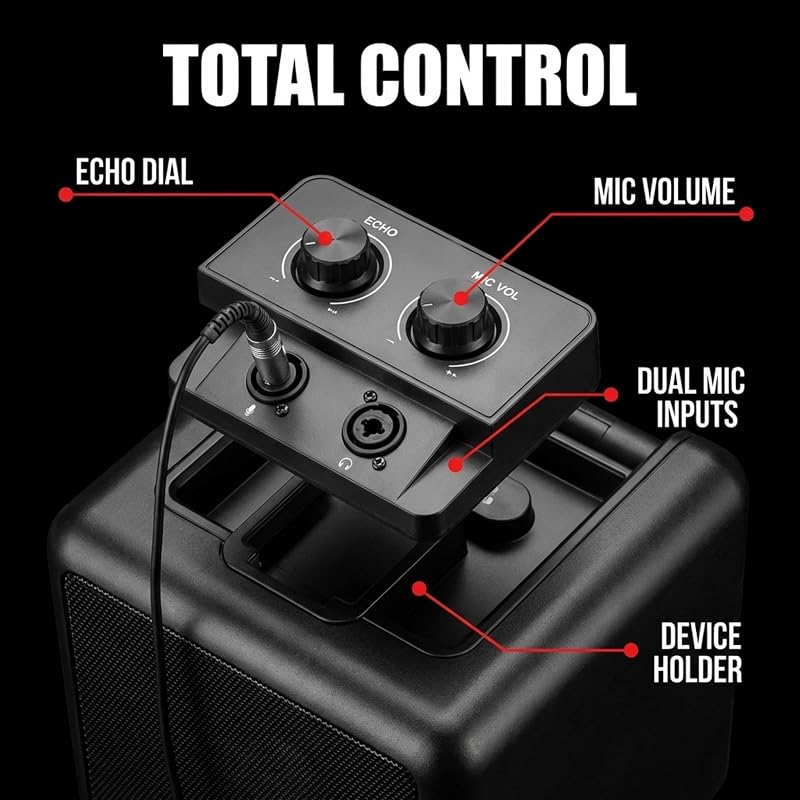 Singcube - Máquina de Karaoke Bluetooth recarregável de 5 watts com dois microfones, efeitos de alteração de voz e luzes LED, cor preta