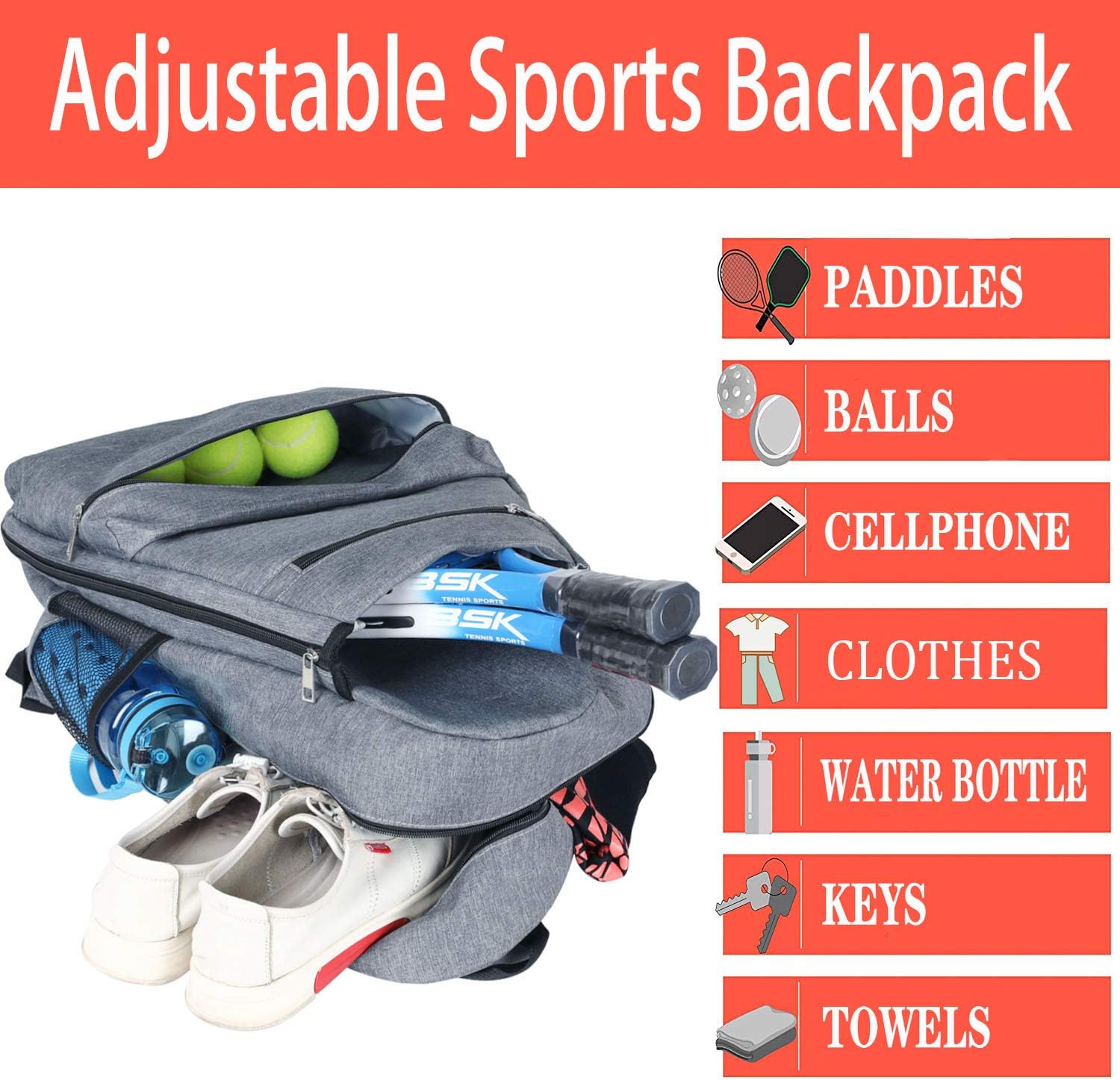 ACOSEN Tennis Bag Tennis Backpack - Large Tennis Bags for Women and Men to Hold Tennis Racket, Pickleball Paddles, Badminton Racquet, Squash Racquet, Balls and Other Accessories (Gray) : Sports & Outdoors