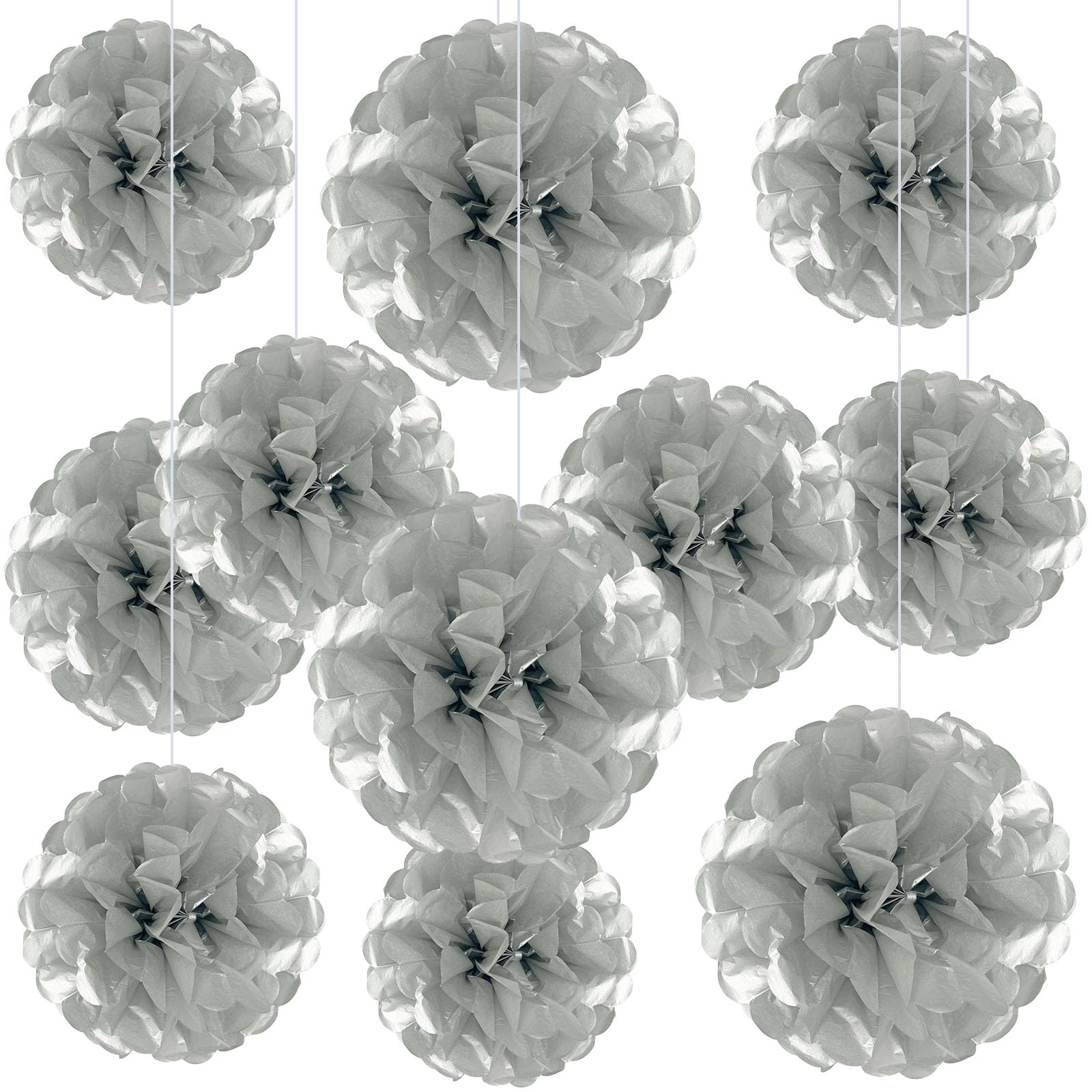 Photo 1 of 20 PCS Silver Tissue Paper Pom Poms, Tissue Pom Poms Flowers, Sizes of 6", 10", 12", 14" Hanging Paper Flower Ball for Wedding, Birthday, Halloween, Christmas, Baby Shower Party Decor