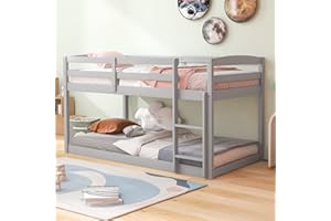 Giantex Twin Low Bunk Bed, Solid Wood Twin Over Twin Bunk Bed Frame with Full Guardrails & Integrated Ladder, Floor Twin Bunk Beds for Kids Boys and Girls, No Box Spring Needed, Grey