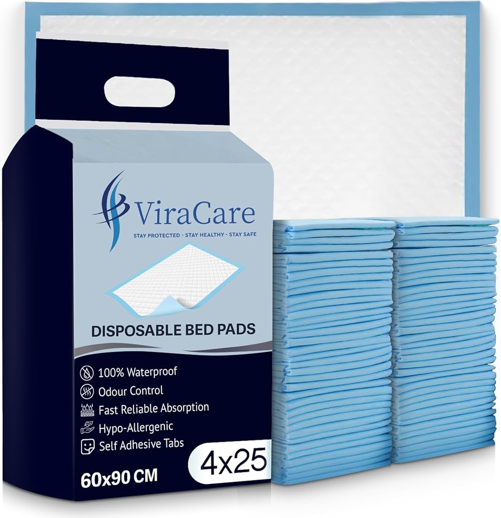 ViraCare 100x Incontinence Bed Pads 60x90cm with Adhesive Tabs 4x25