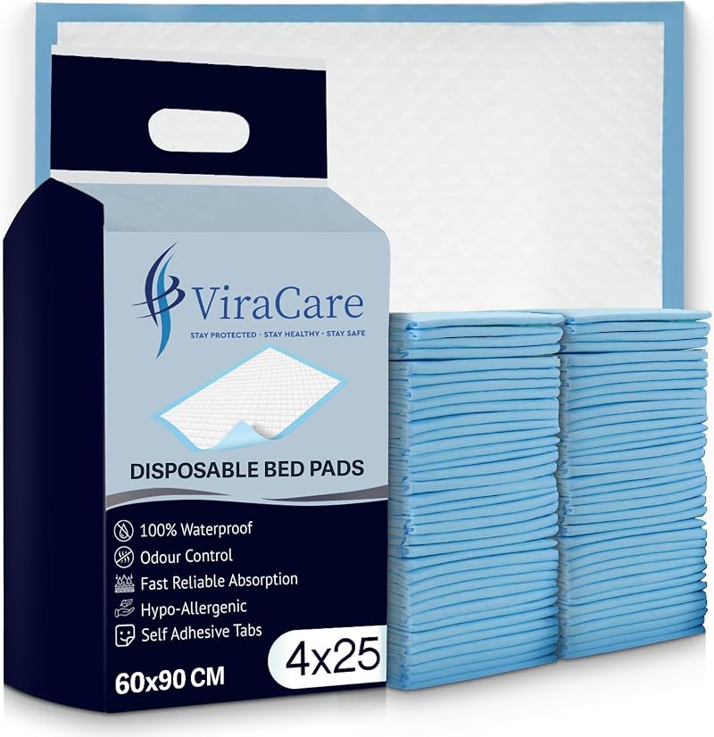 ViraCare 100x Incontinence Bed Pads 60x90cm with Adhesive Tabs 4x25