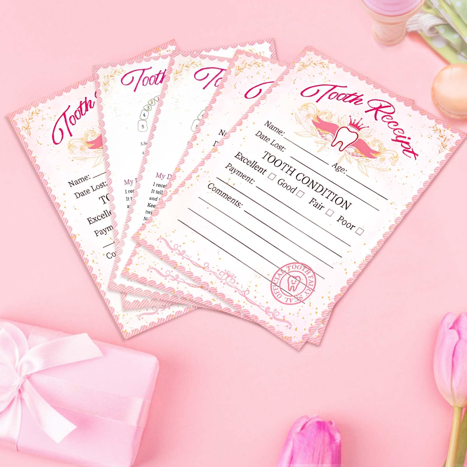 GerRiT 20 Tooth Fairy Receipt Cards Tooth Fairy Notes Certificate Keepsake First Lost Tooth Fairy Gifts for Girls Envelopes