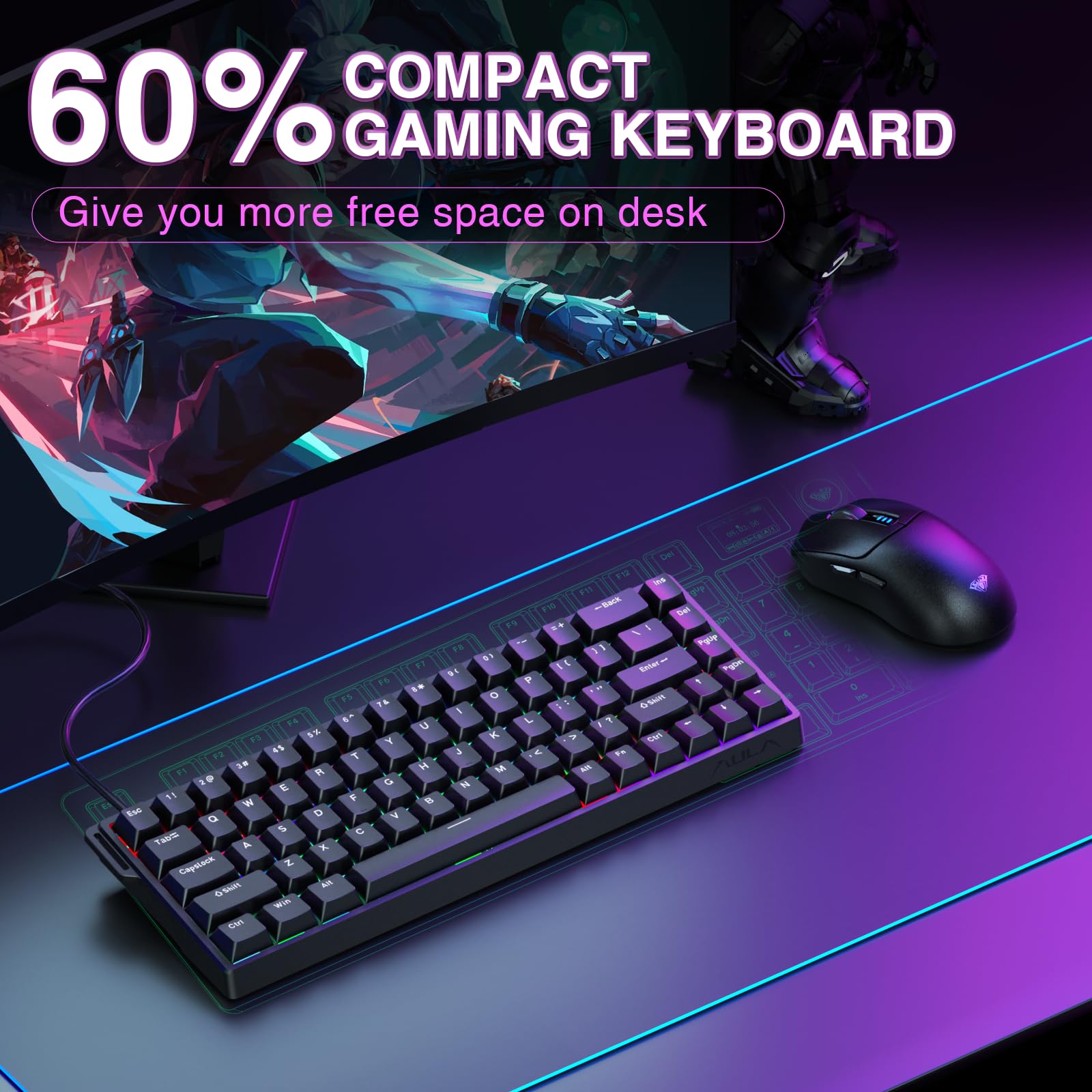 AULA WIN68 HE Mechanical Gaming Keyboard 60%, Hall Effect Magnetic Switch, Fast Trigger Mode Adjustable Actuation, 8000Hz Polling Rate, RGB Backlit, Wired Black Keyboard for Laptop/PC Gamer